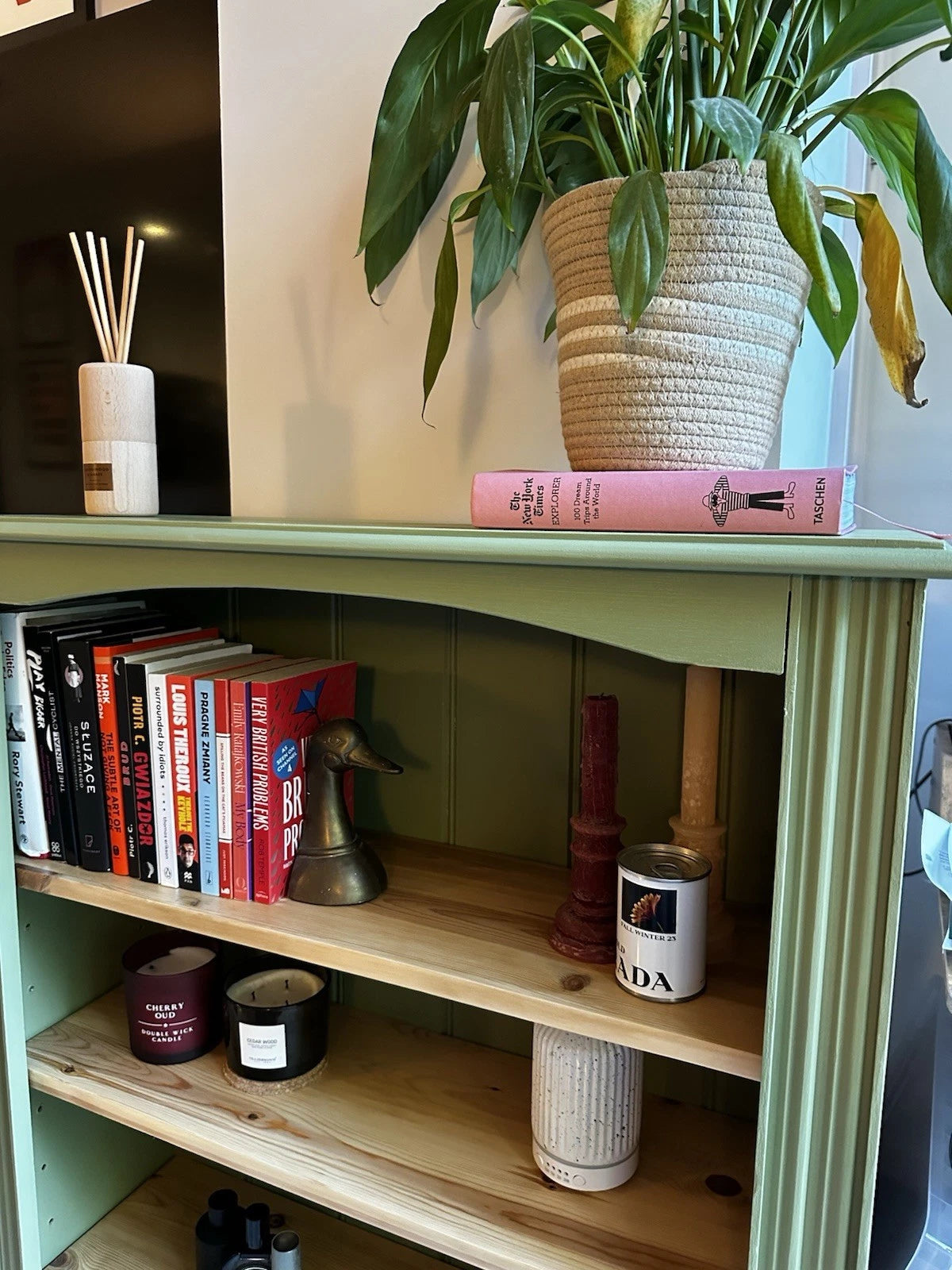 Freshly Painted Green Solid Wood Bookcase with Pine Shelves – 3 Tier