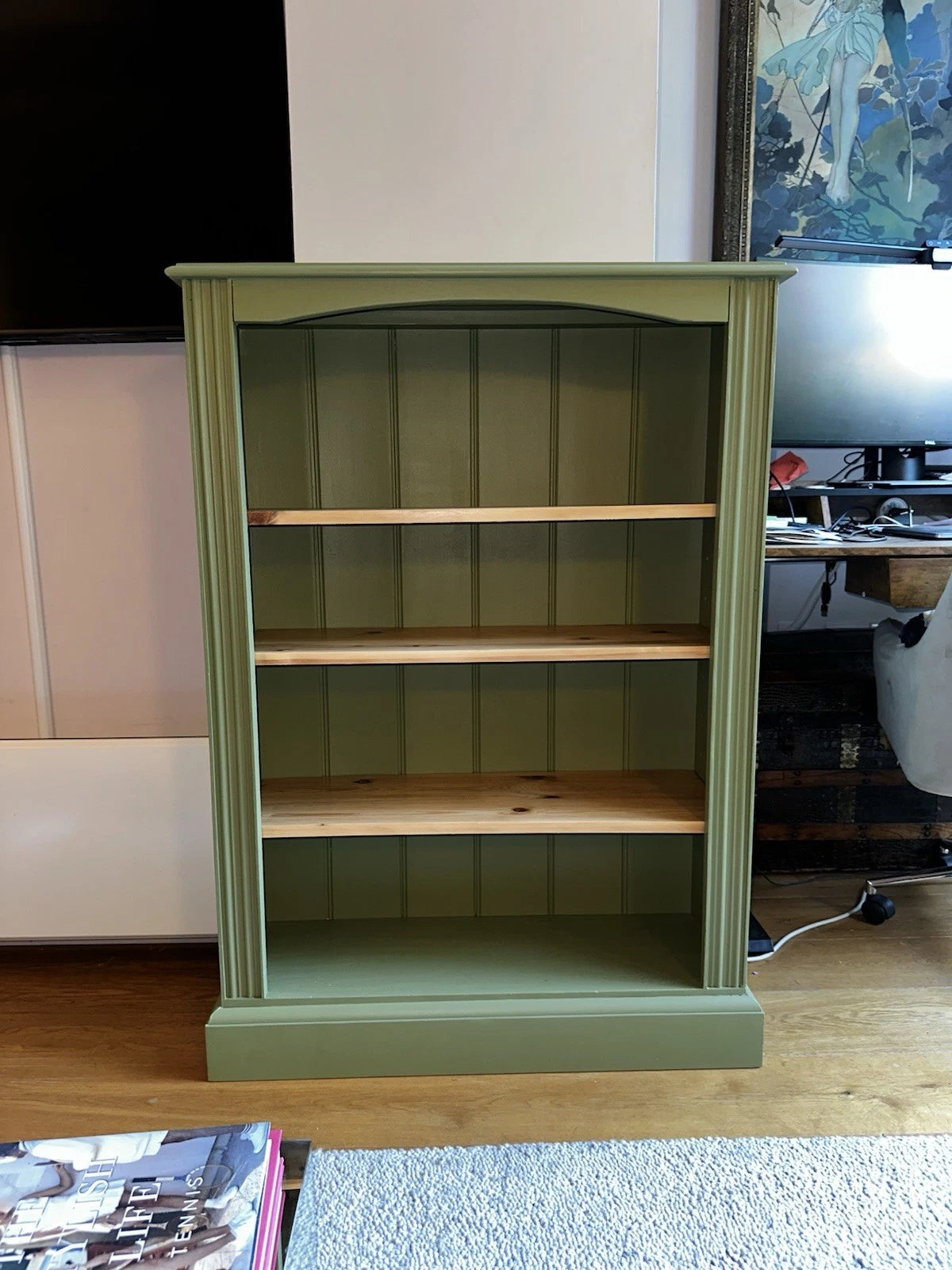 Freshly Painted Green Solid Wood Bookcase with Pine Shelves – 3 Tier