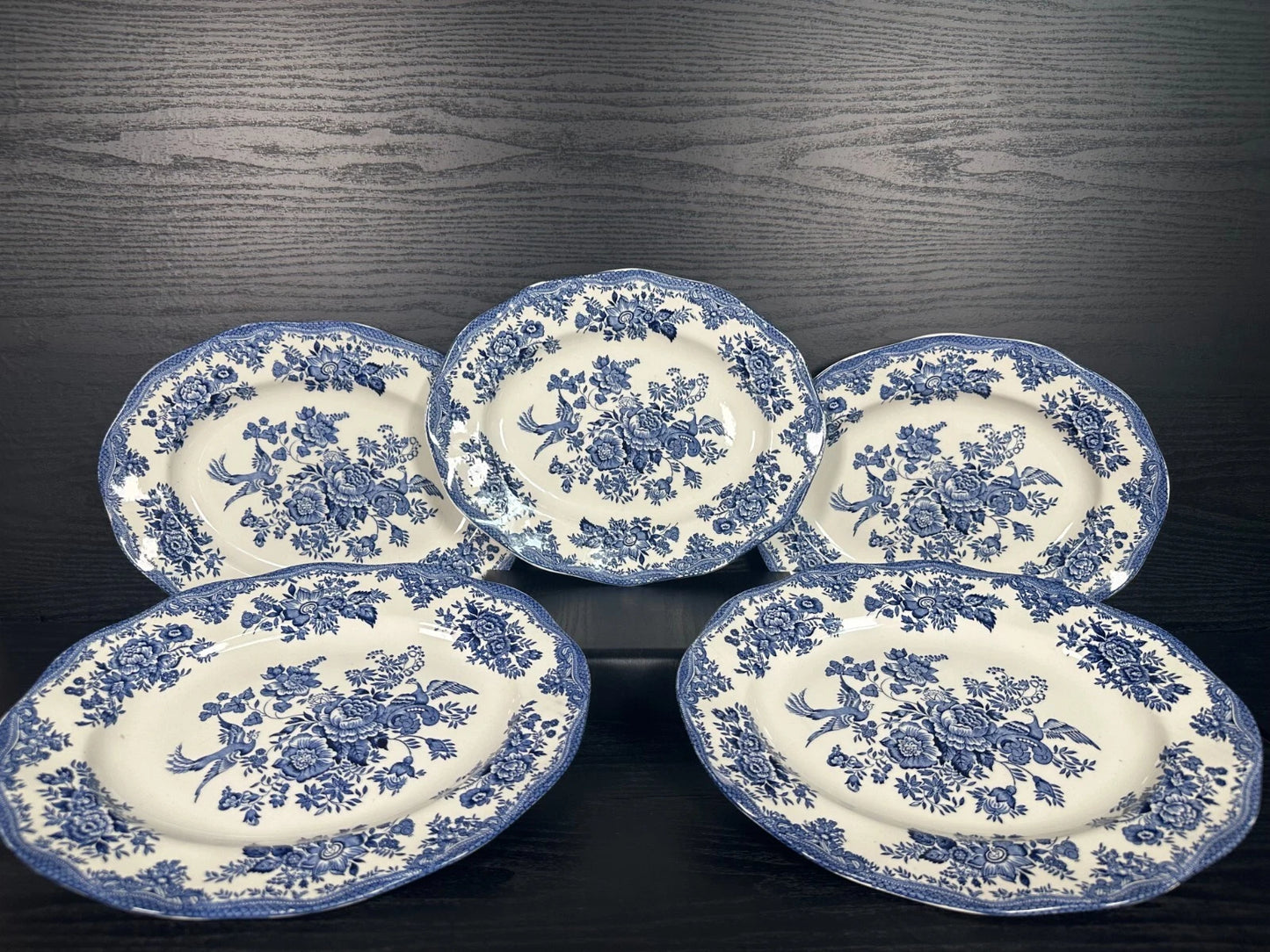 Set of 5 Enoch Wedgwood Dinner Plates – Blue & White Asiatic Pheasants