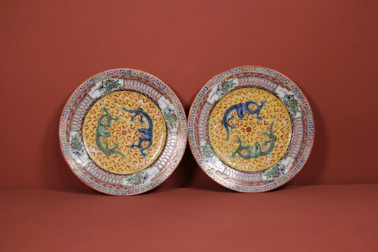 1920s Chinese Dragon Plates – Yellow Famille Rose Hand-Painted Set