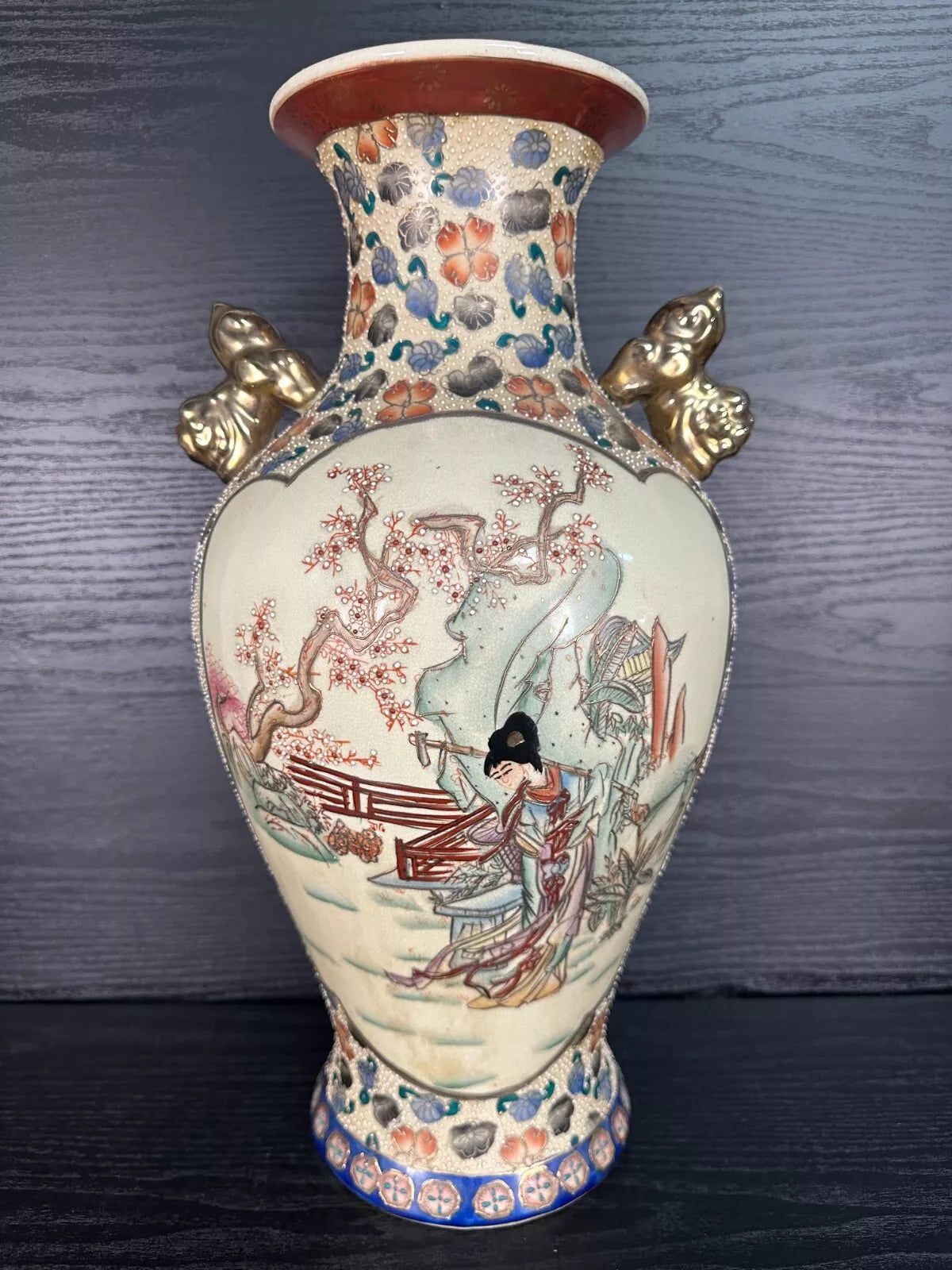 Large Oriental Vase – Hand-Painted with Gilt Handles – 46cm Decorative